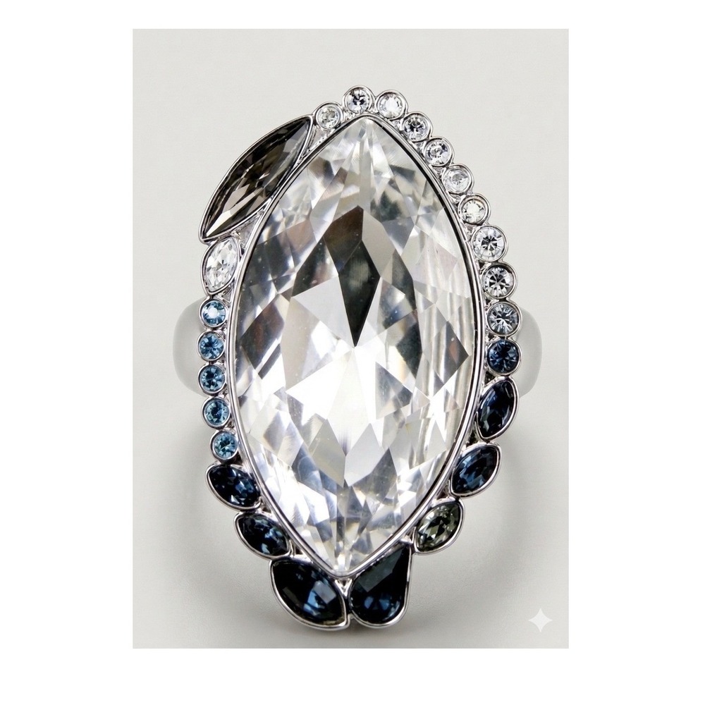 Swarovski Marquise Crystal Cocktail Ring Silver Tone Lg Statement Ring Sz 7 (55)